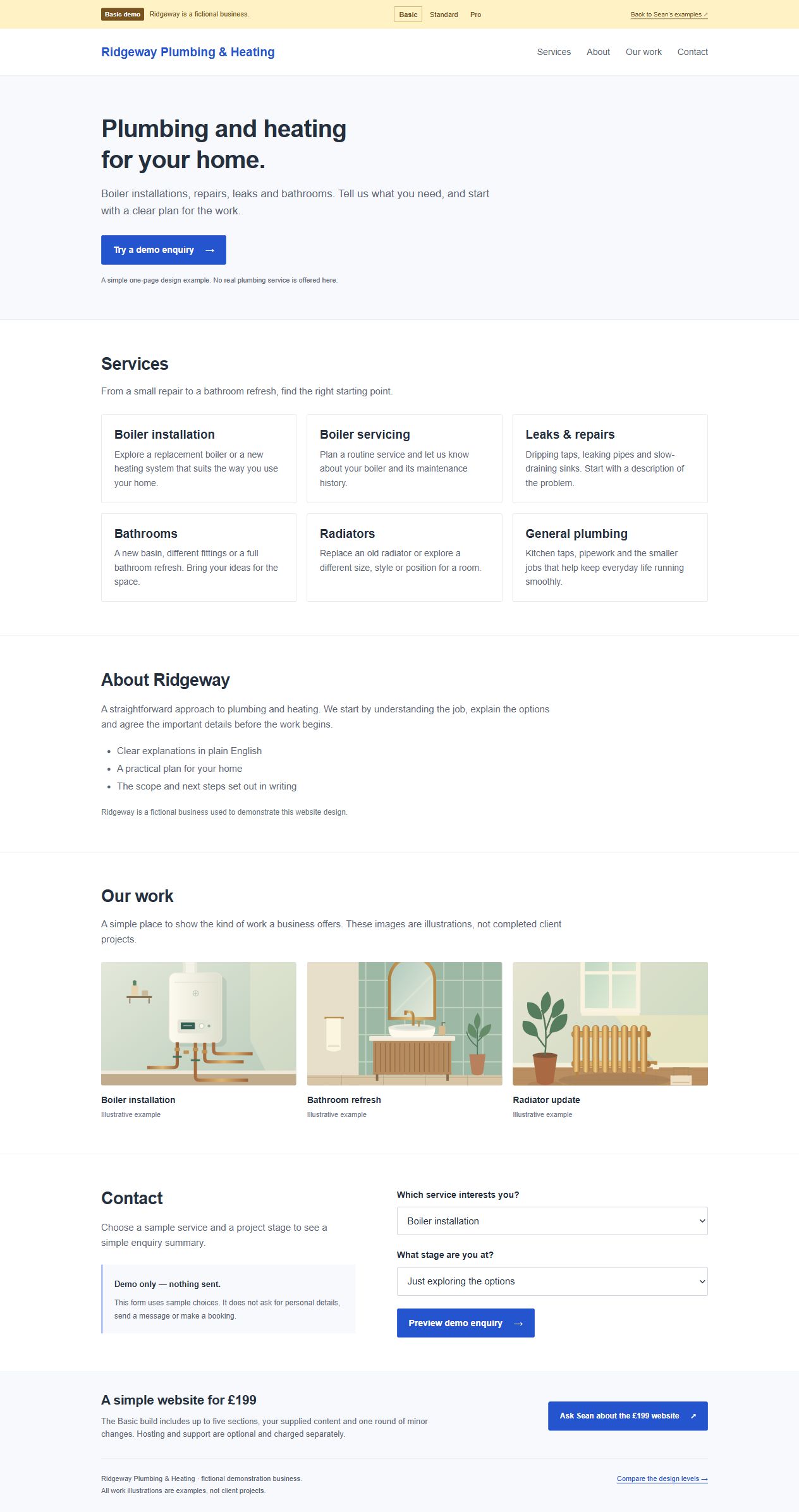 Basic tier: straightforward blue and white website for fictional Ridgeway Plumbing and Heating