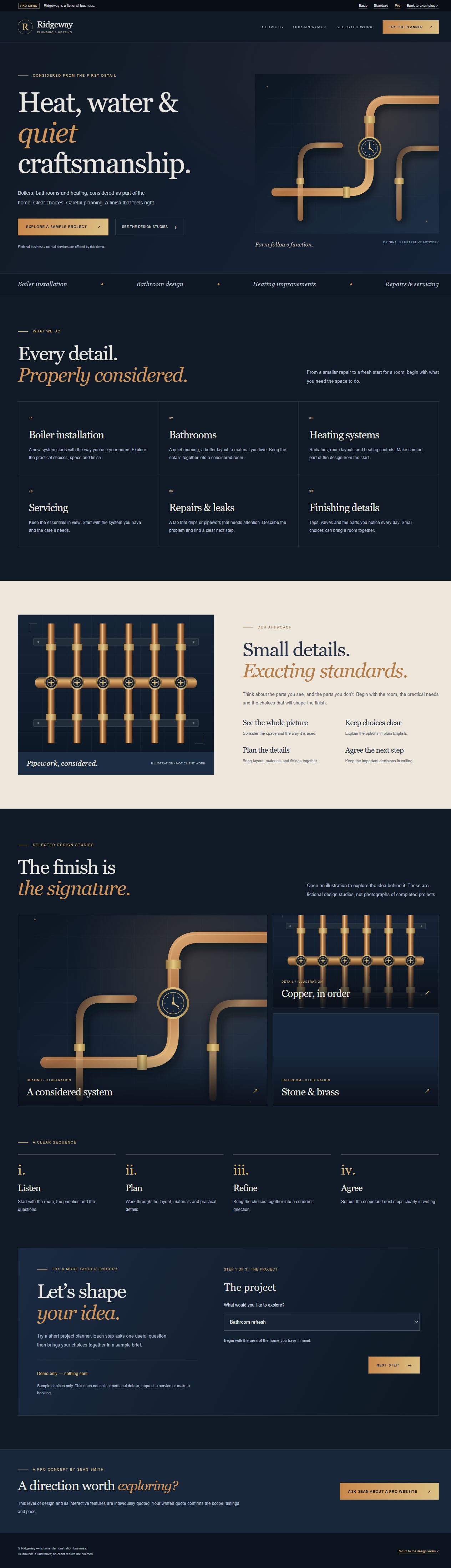 Pro tier: dark navy and copper website with a pipe illustration and varied gallery layouts for fictional Ridgeway