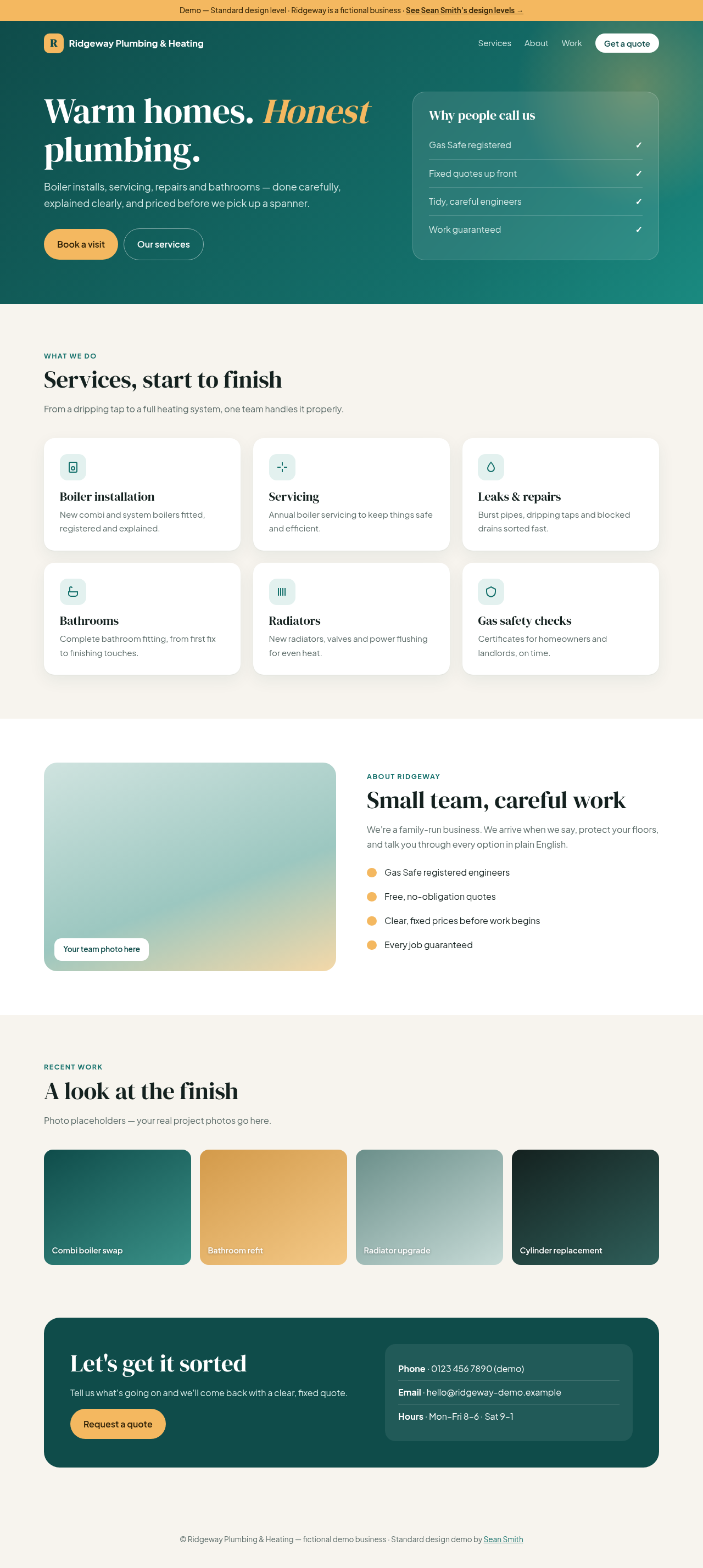Warm green and gold website concept for fictional Ridgeway Plumbing and Heating